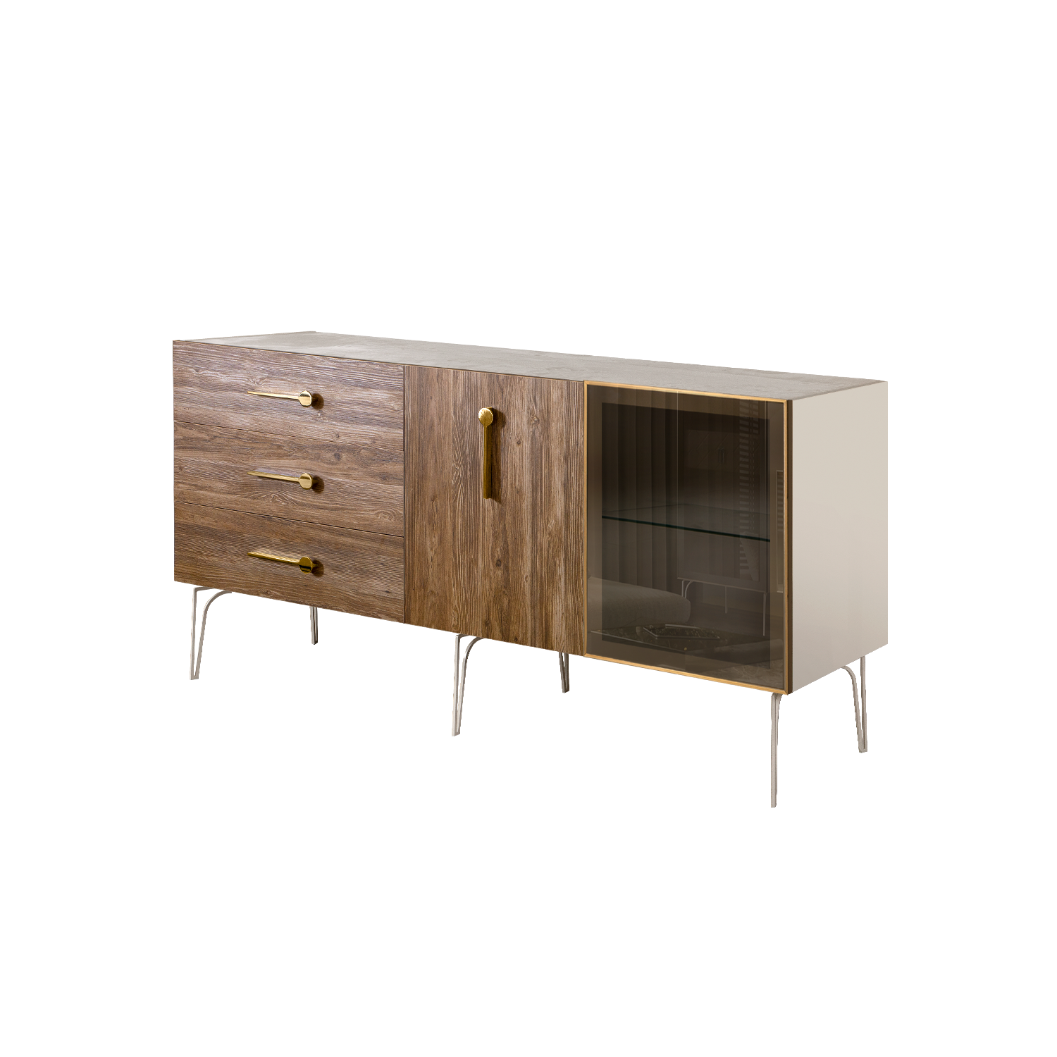 БМКМ-4(Wo)[5][10] Комод (для гостиной) 1.6 (1 дверь стекло-1 дверь wood) BOGEMIA Wood