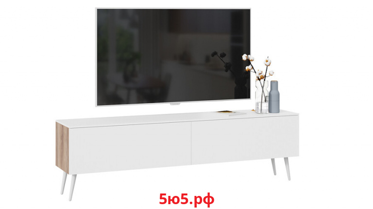 Тумба для теле- и радиоаппаратуры Порто с опорами - СМ- 393.03.011 Яблоня Беллуно, Белый софт, Белый