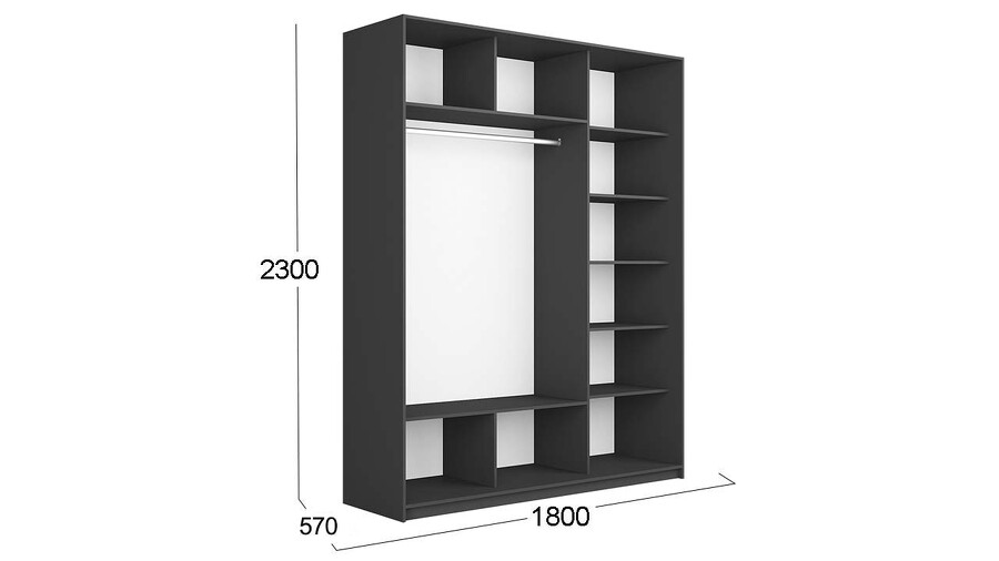 Шкаф-купе 3-х дверный Траст - СШК 2.180.60-15.13.15 Серый диамант, Стекло черный глянец/Зеркало/Стекло черный глянец