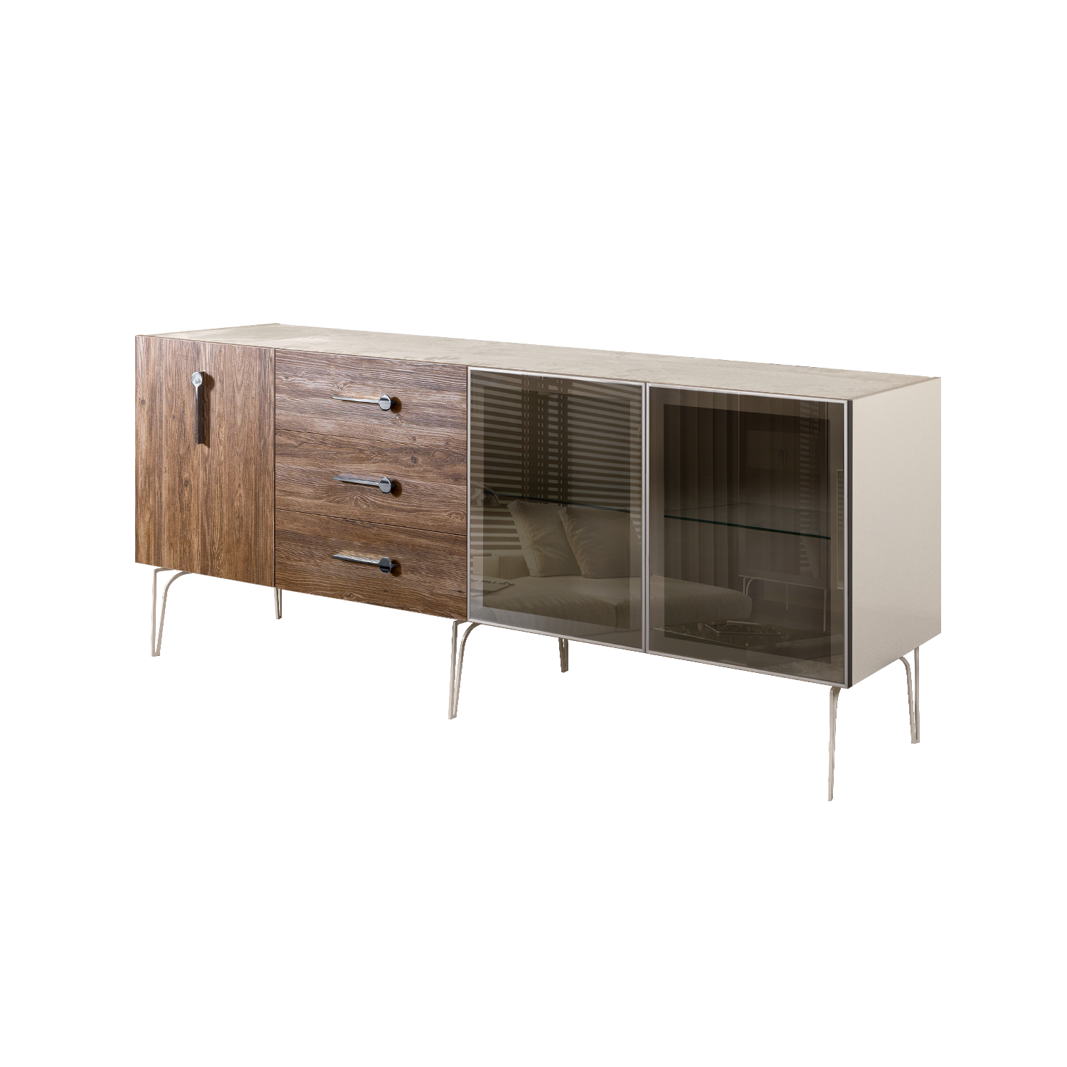 БМКМ-5(Wo)[5][10] Комод (для гостиной) 2.1 (2 двери стекло-1 дверь wood) BOGEMIA Wood