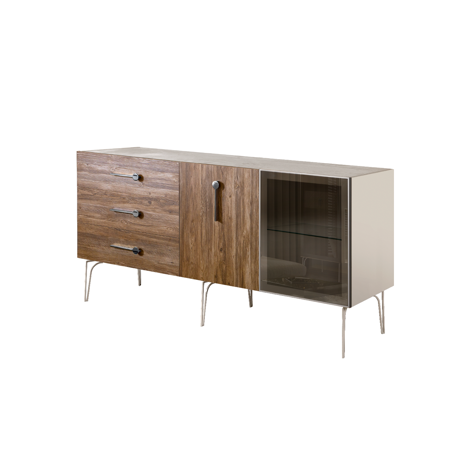 БМКМ-4(Wo)[5][10] Комод (для гостиной) 1.6 (1 дверь стекло-1 дверь wood) BOGEMIA Wood