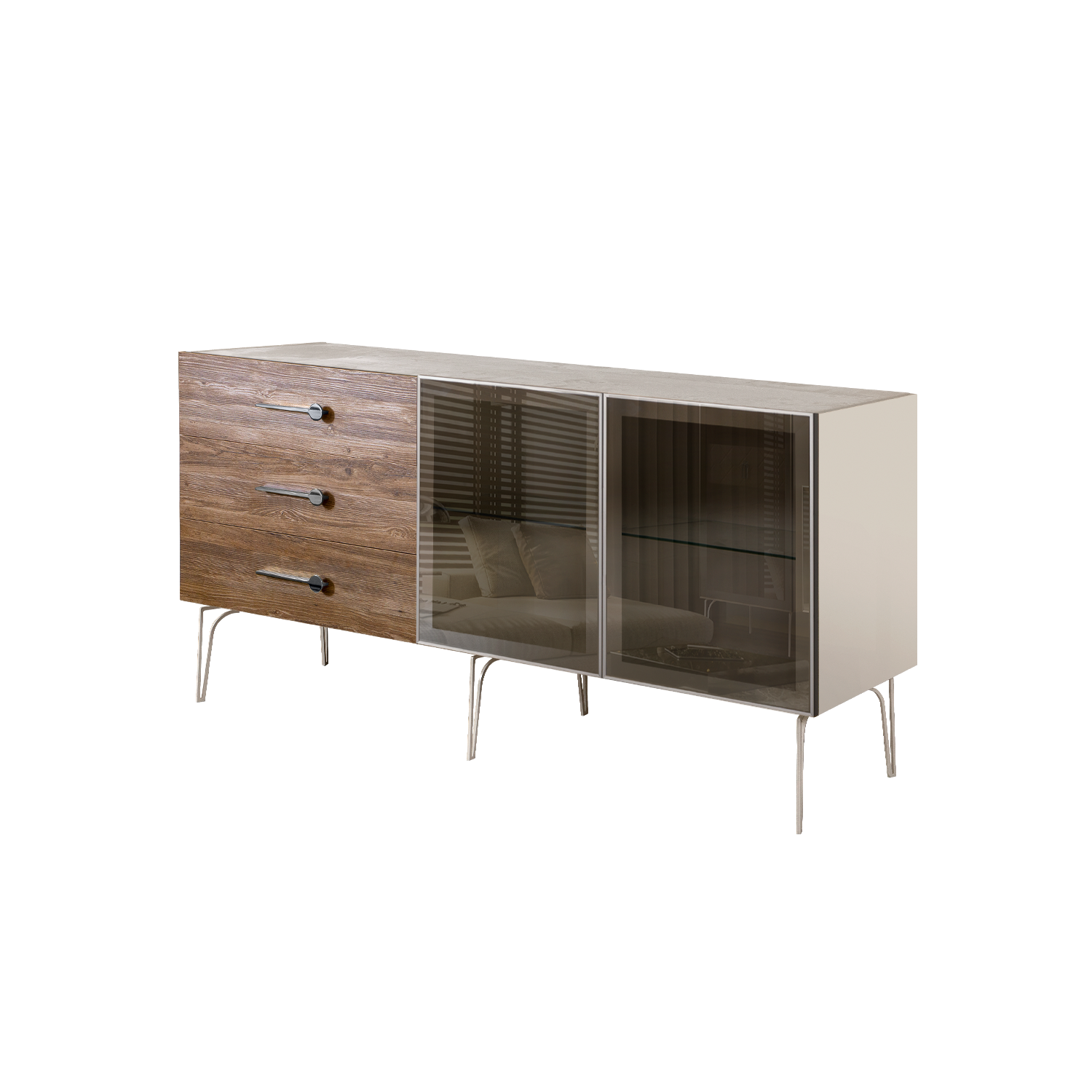 БМКМ-4(Wo)[5] Комод (для гостиной) 1.6 (2 двери стекло) BOGEMIA Wood