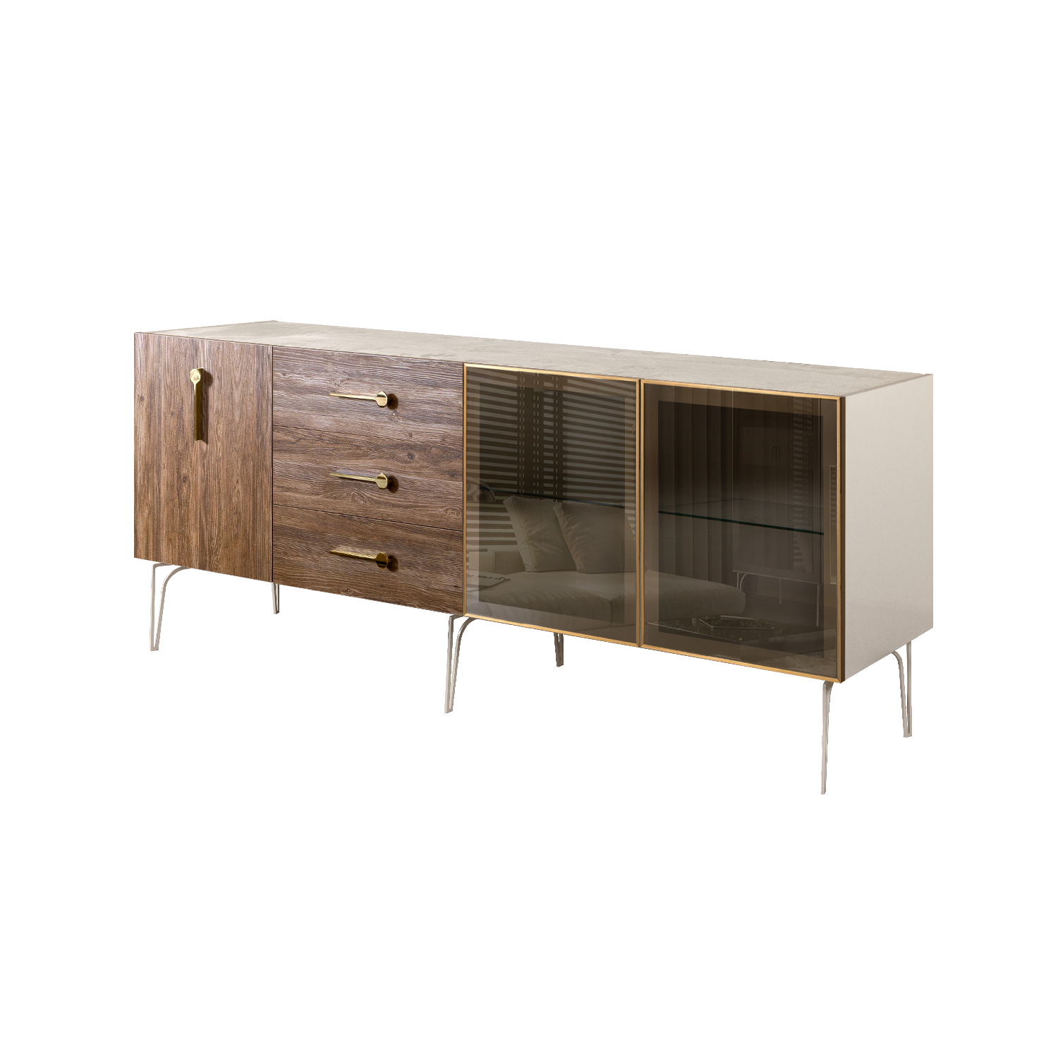 БМКМ-5(Wo)[5][10] Комод (для гостиной) 2.1 (2 двери стекло-1 дверь wood) BOGEMIA Wood