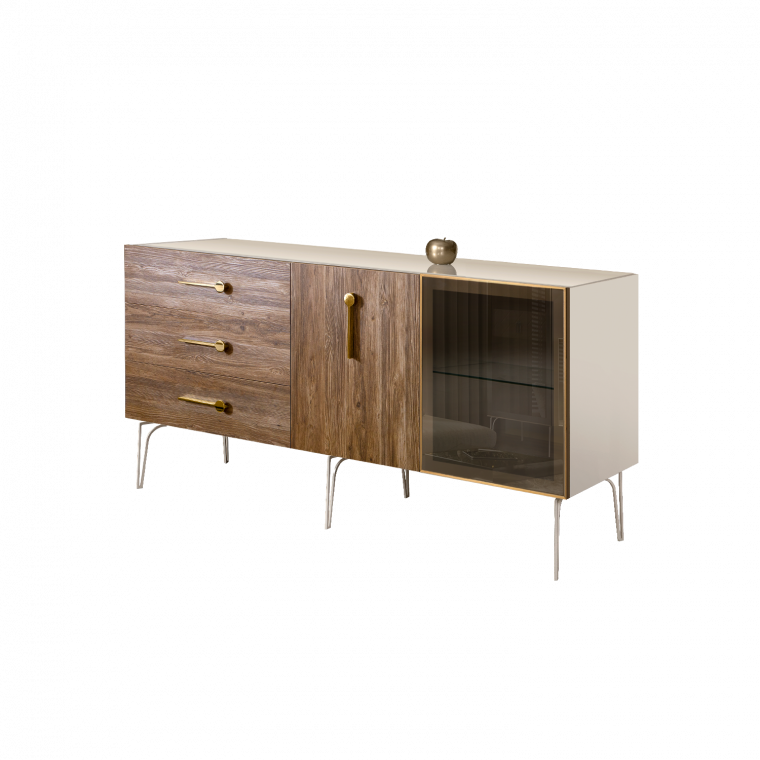 БМКМ-4(Wo)[5][10] Комод (для гостиной) 1.6 (1 дверь стекло-1 дверь wood) BOGEMIA Wood