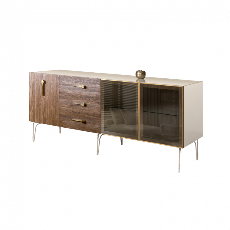БМКМ-5(Wo)[5][10] Комод (для гостиной) 2.1 (2 двери стекло-1 дверь wood) BOGEMIA Wood